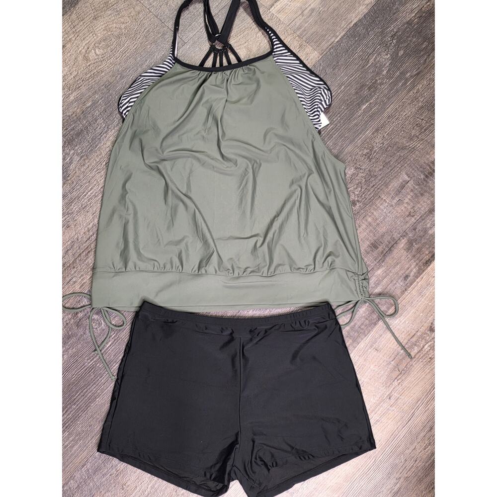 Holipick Size XL Tankini Swimsuit 2 Piece Olive Green Striped Strappy Back NWT